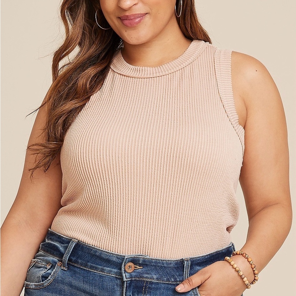 Maurices 24/7 Wavy Ribbed High Neck Tank Top Solid Beige Tan Medium Women’s